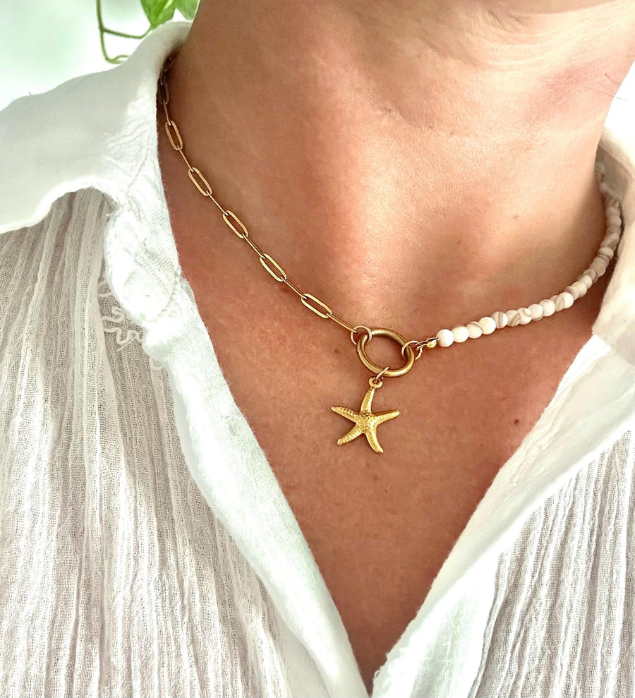 Paperclip Chain Choker with Gold Starfish Pendan and Shell Beads, Coastal Jewellery, Minimaliatic