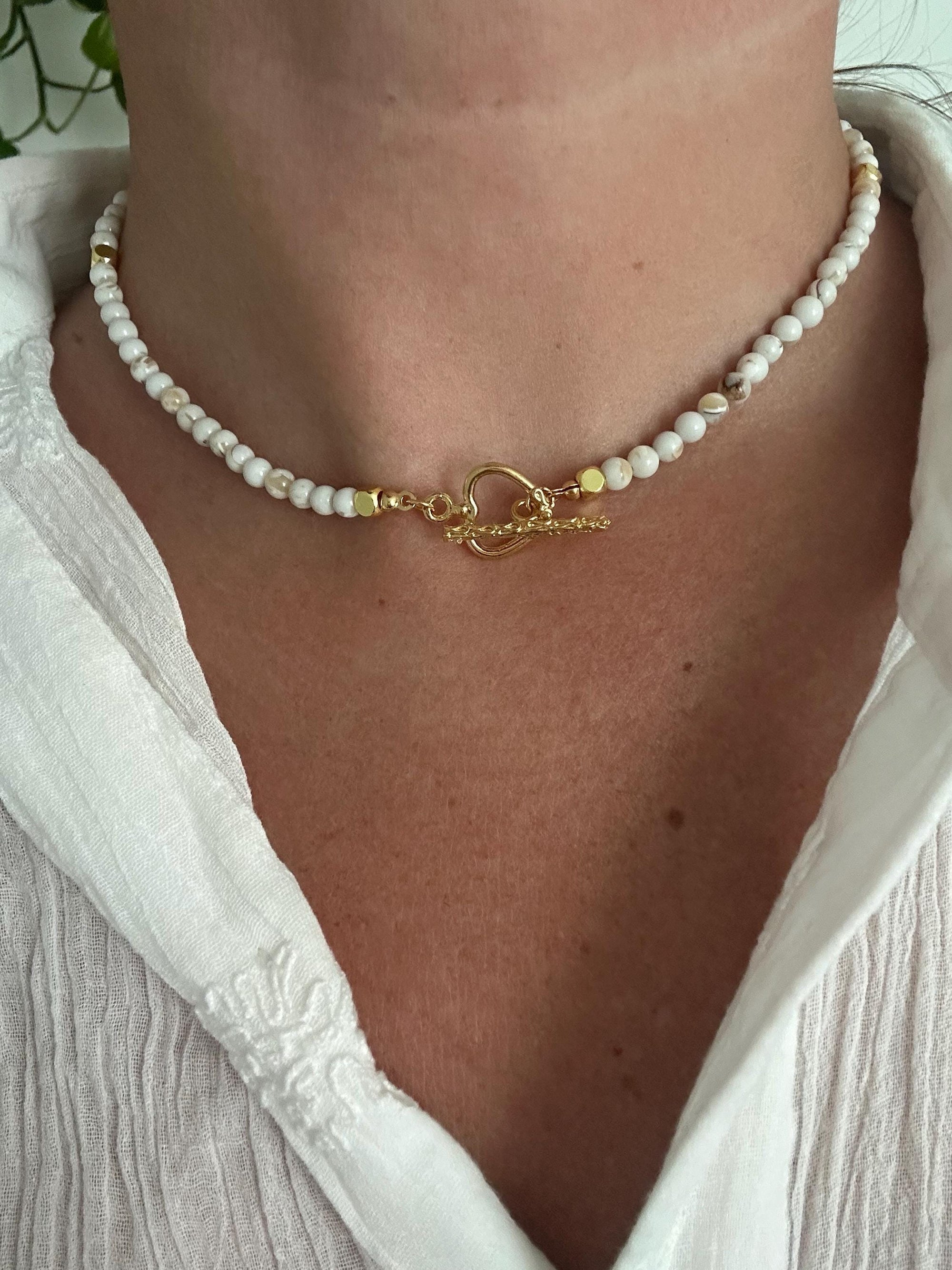 Toggle Clasp Choker with Shell Beads and Golden Heart, Elegant Summer Jewellery