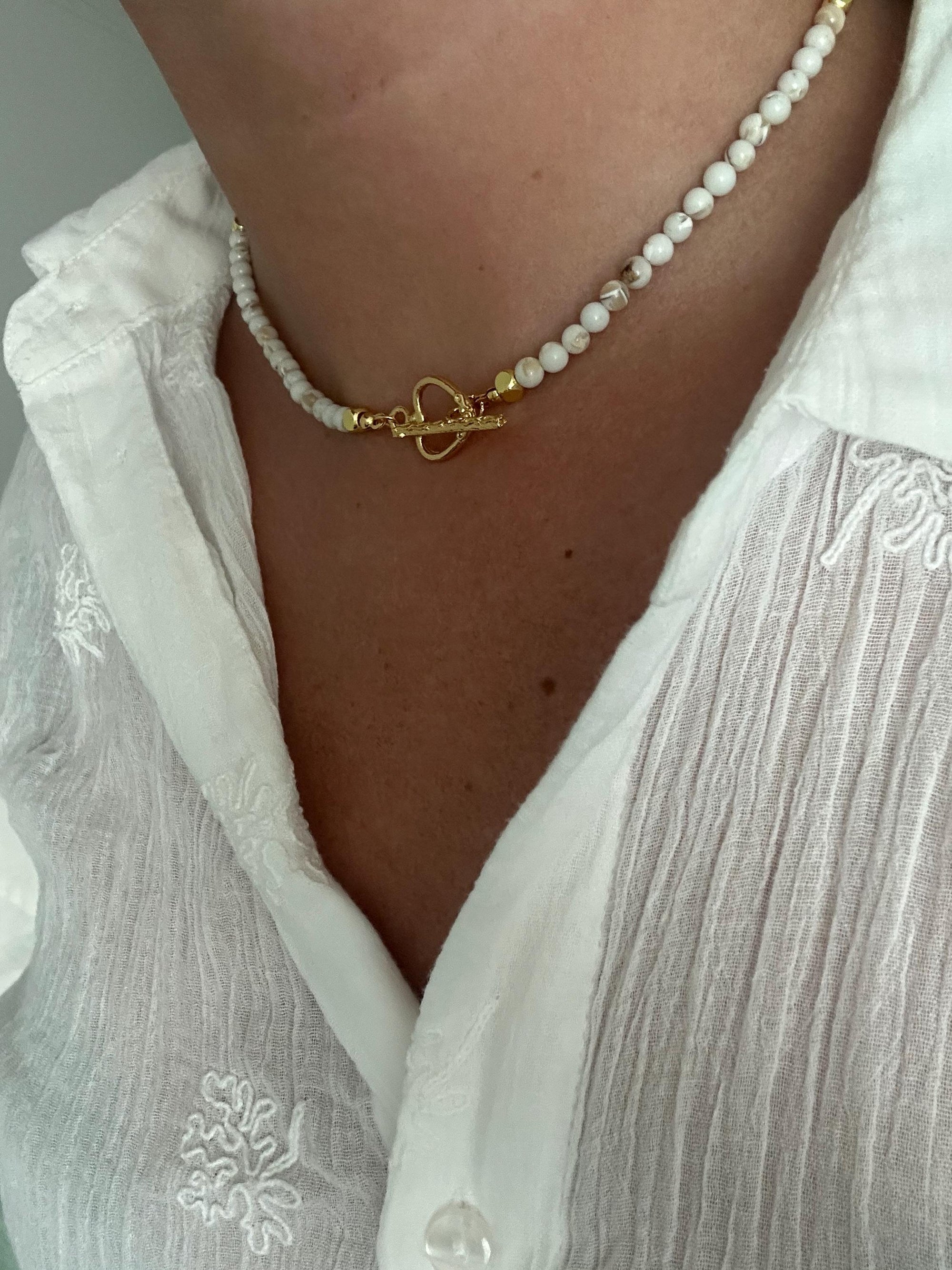 Toggle Clasp Choker with Shell Beads and Golden Heart, Elegant Summer Jewellery