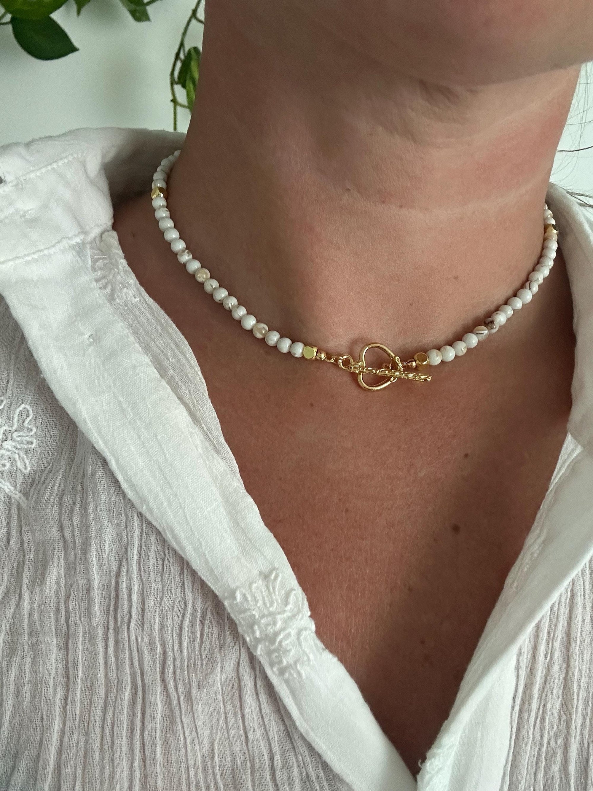 Toggle Clasp Choker with Shell Beads and Golden Heart, Elegant Summer Jewellery