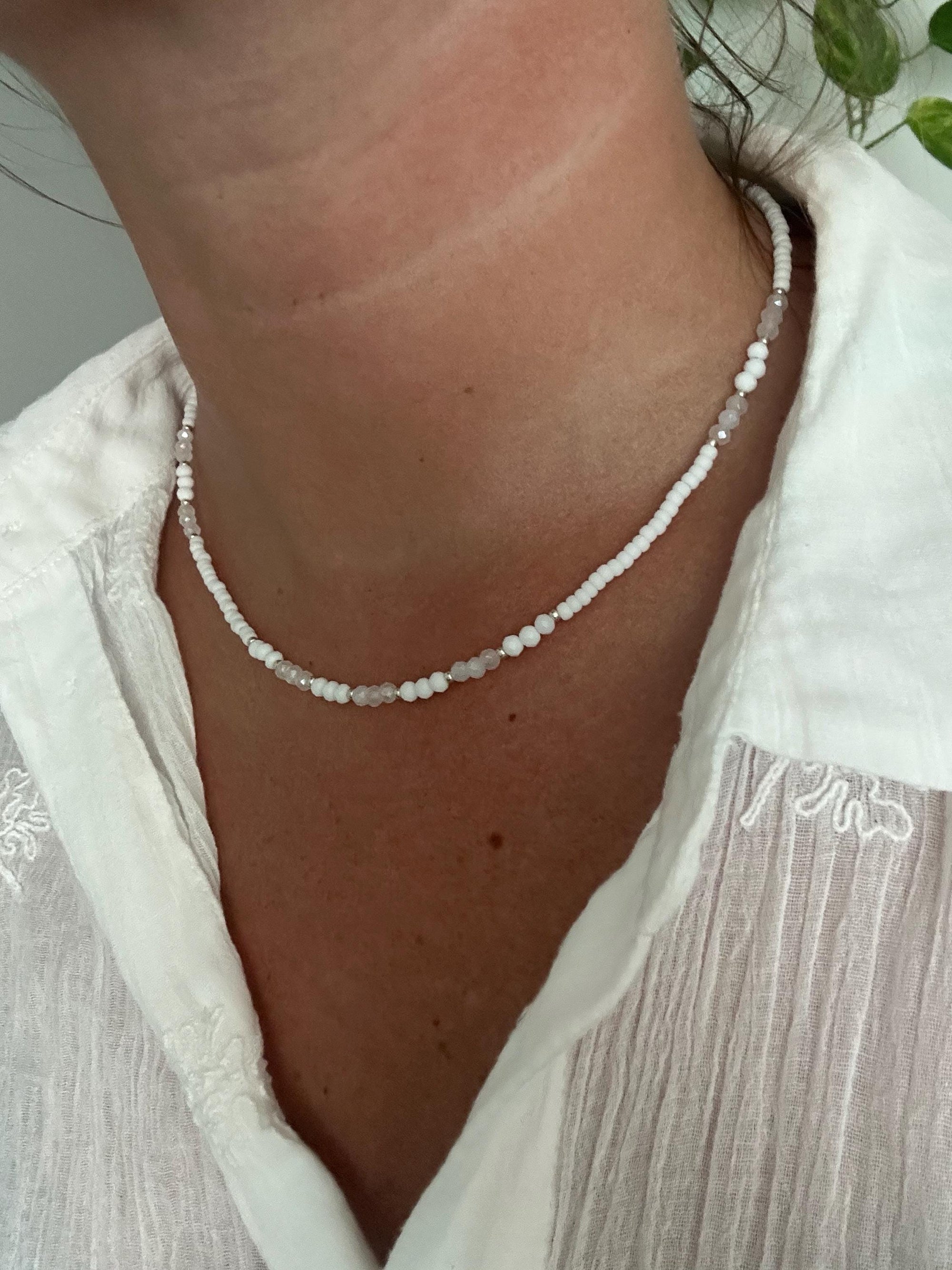 Choker with White Glass Beads Minimalist Boho Wedding Jewelry