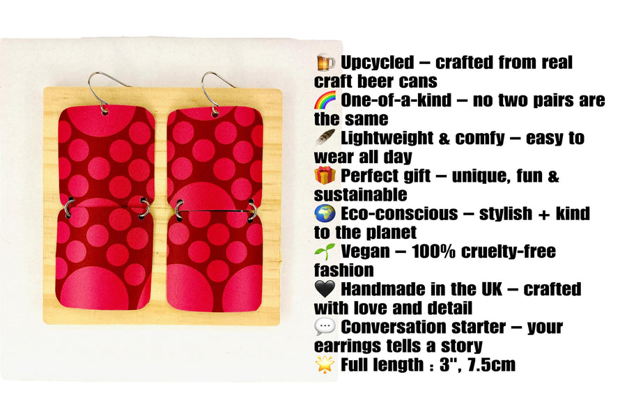 squared cherry coloured, polka dot earrings made from a craft beer can on white background and added text