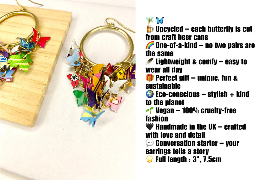 fairy, butterfly hoop earrings made from colourful craft beer cans with description