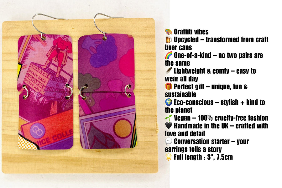 purple earrings made from upcycled craft beer can on a wooden and white background and description