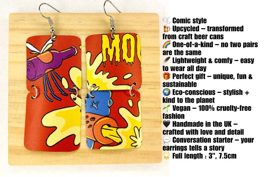 comic, graffiti style earrings made from an upcycled craft beer can in orange, yellow colours, on a wooden and white background with product description