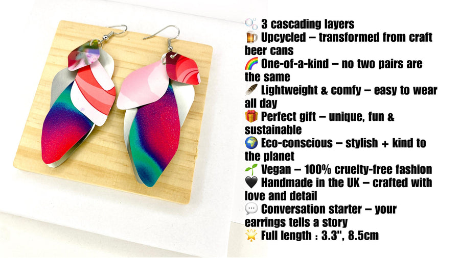Pink purple green cascade earrings made from upcycled craft beer cans by Laura Zabo on a wooden and white background and product description