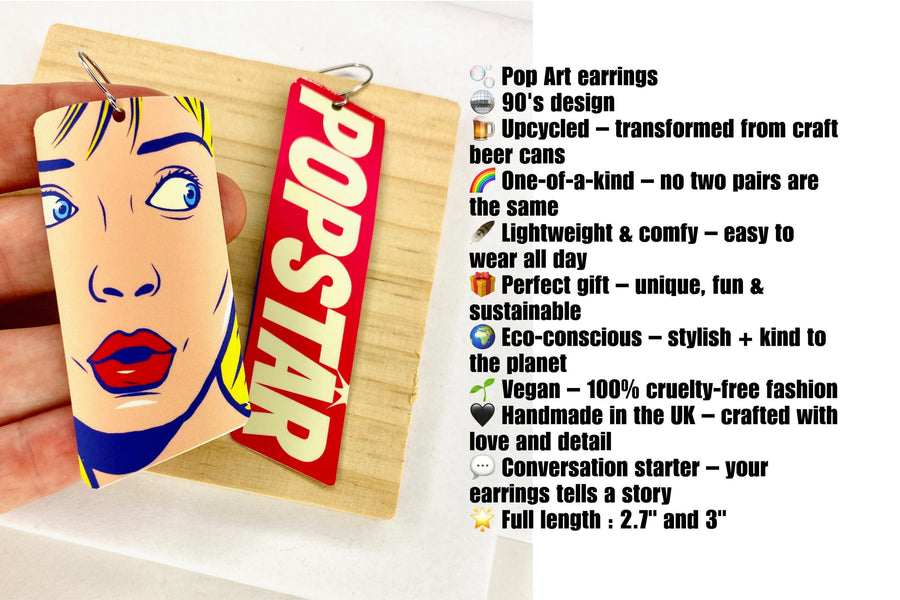 90s, disco, pop-art earrings featuring POPSTAR text and women's face in comic style on a wooden and white background and product details