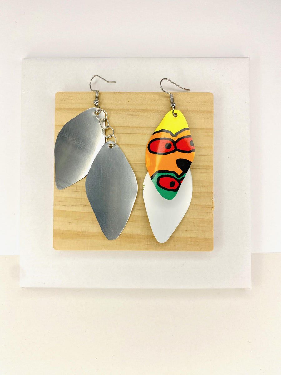colourful cascade earrings made from upcycled craft beer cans on a wooden and white background