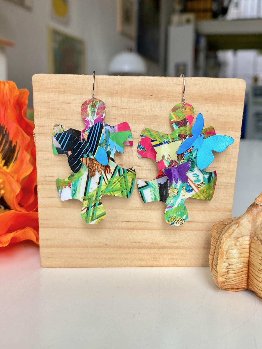 Sculptural Puzzle Earrings with Butterflies – Upcycled Beer Can Jewelry, Eco-Friendly Pop Art Design, Vegan Gift - USA TAXES PAID