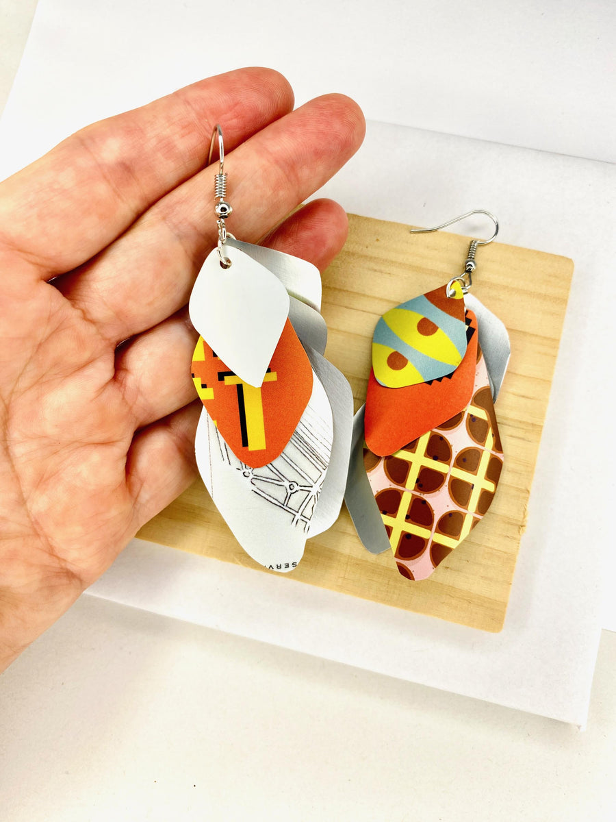 Upcycled Beer Can Cascade Earrings - Asymmetric - Fun Design - Colourful Jewellery - Sustainable and Vegan Gift - USA TAXES PAID