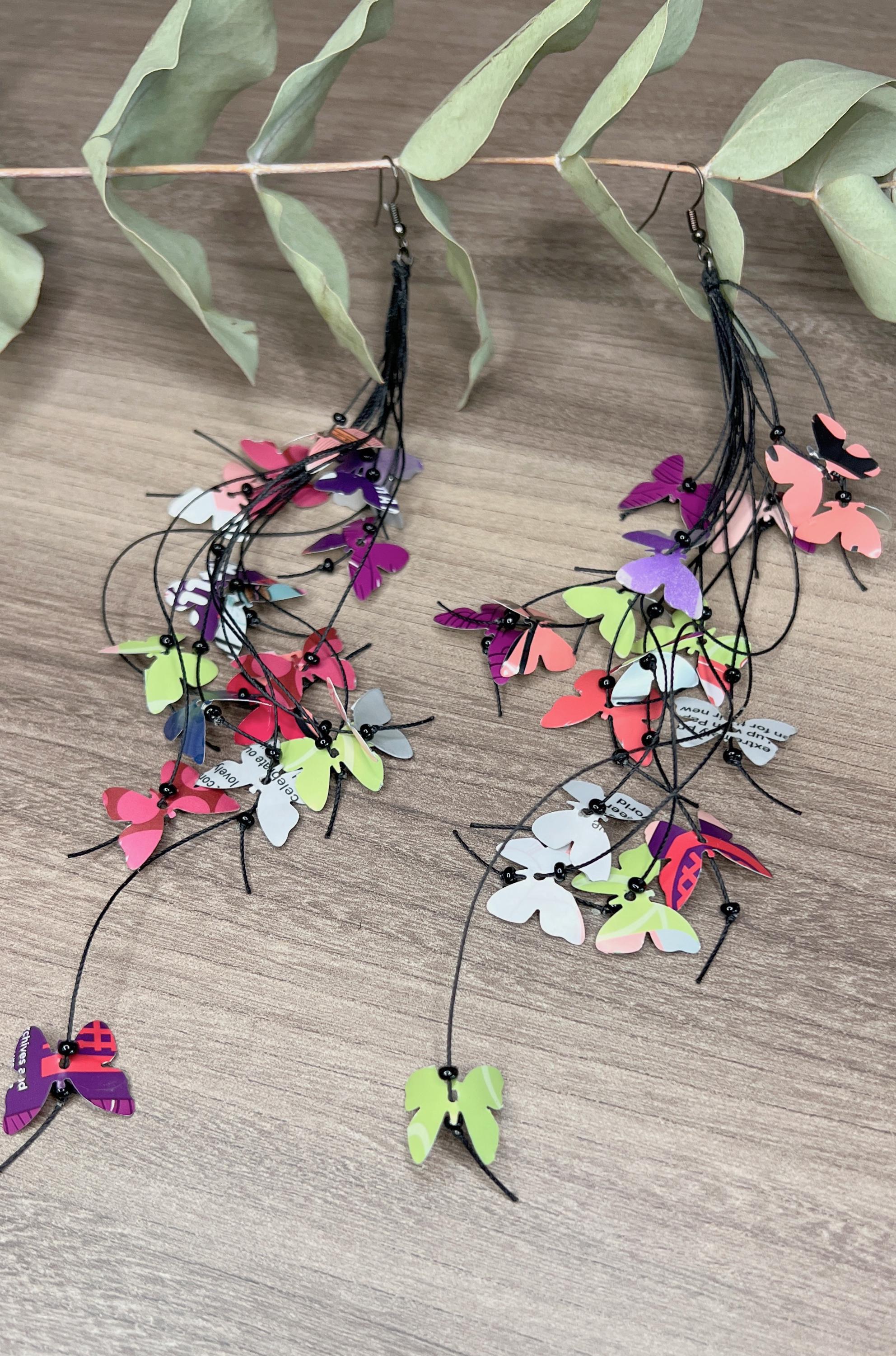 Extra Long Butterfly Earrings Made from Upcycled Beer, Soda Cans – Waxed Cotton Cord – Eco-Friendly Jewellery