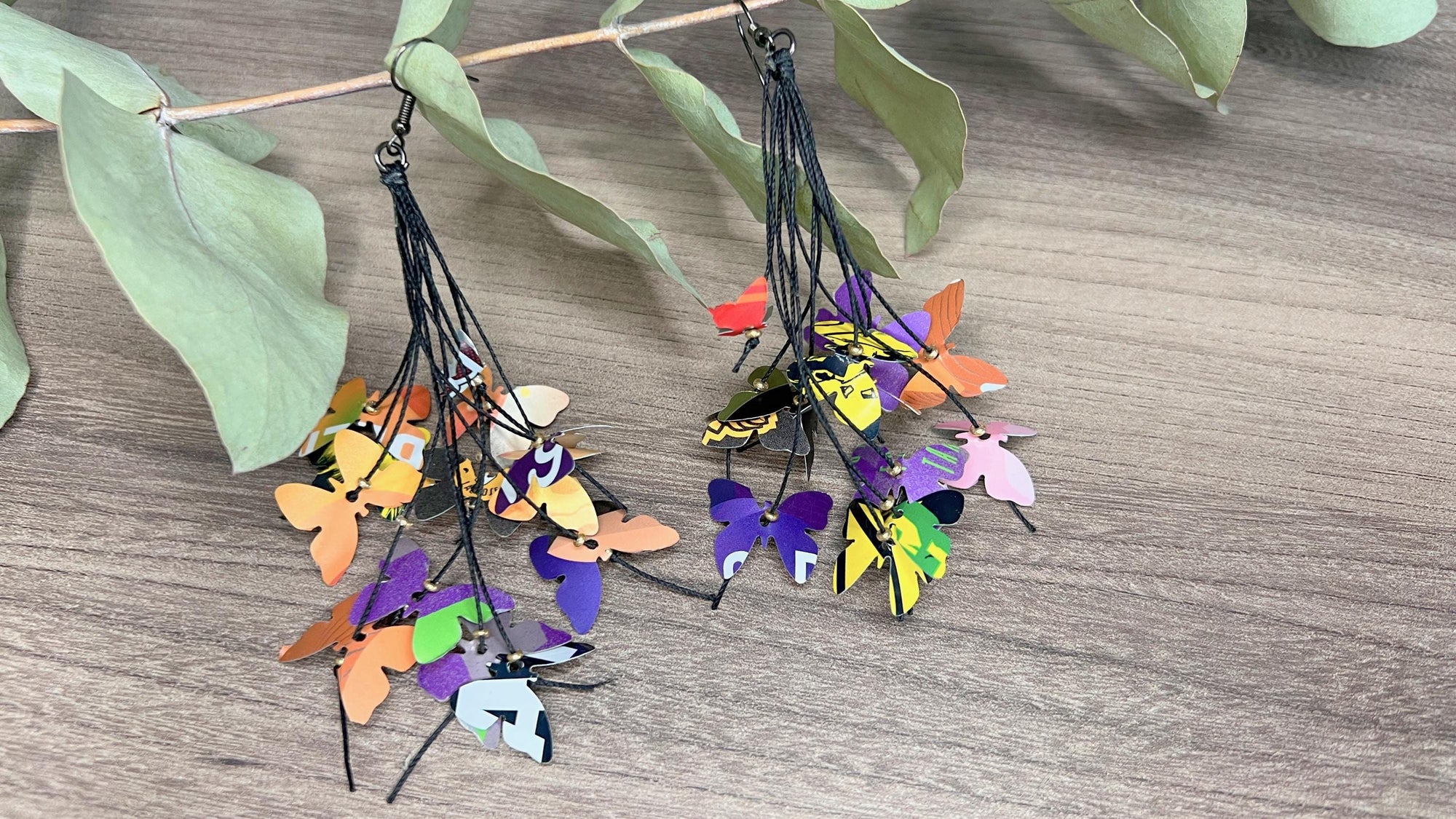 Upcycled Beer, Soda Can Butterfly Long Earrings – on Waxed Cotton Cord – Eco-Friendly Jewellery
