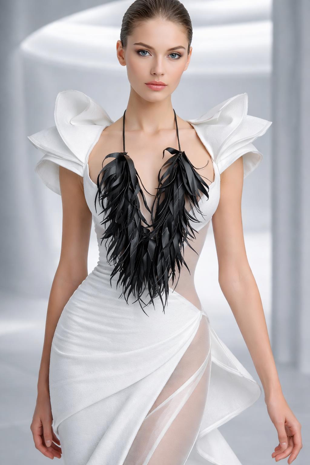 model wears very large, oversized black curly tassel made from upcycled bicycle inner tube tassels