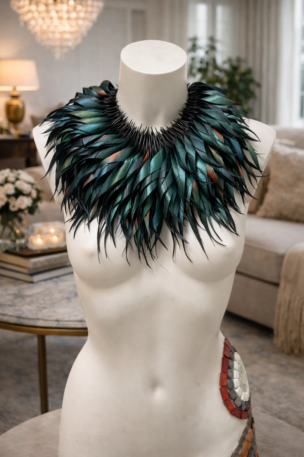 Mannequin wearing a green feather looking  collar  made from upcycled bicycle inner tube tassels in a living room setting