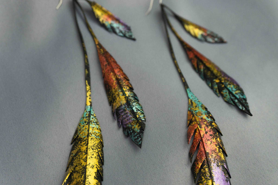 extra long leaf earrings, recycled tyre rubber jewellery 