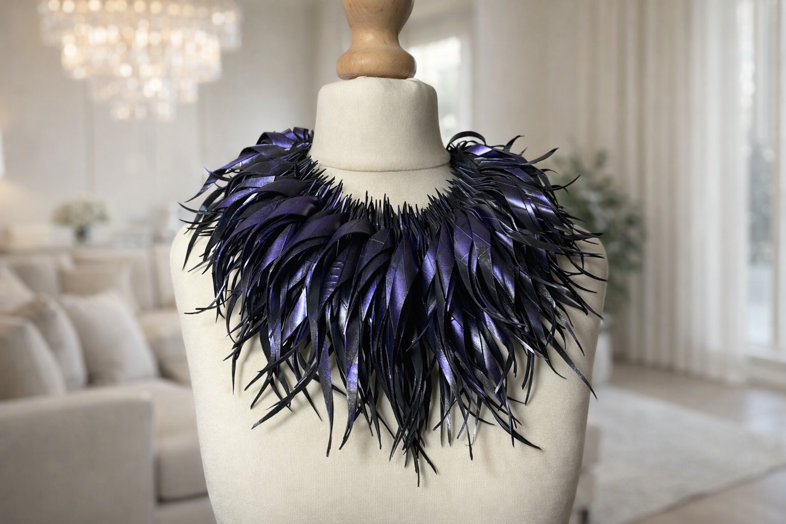 mannquin wearing a purple feather looking collar made from upcycled bicycle inner tube tassels in a cosy room setting