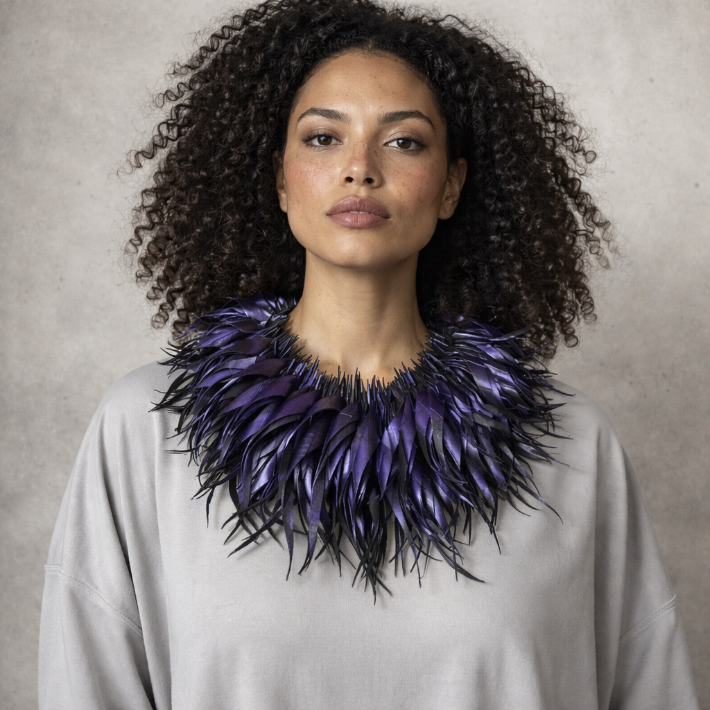 Woman wearing a purple feather looking collar made from upcycled bicycle inner tube tassels against a neutral background