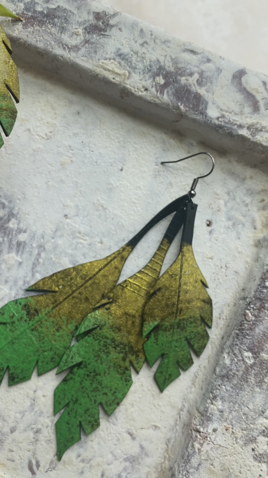 Gold green upcycled leaf shaped earrings
