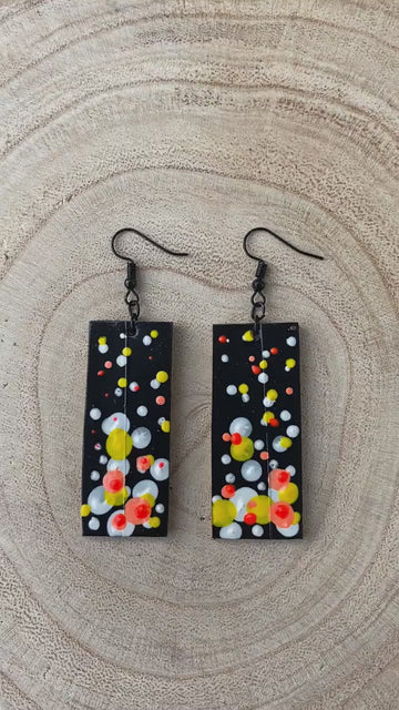 Black-White-Yellow-Orange Champagne Bubble Statement Earrings | Upcycled Bike Inner Tube & Cork | Eco-Friendly Jewelry | Fizz and Sparkle