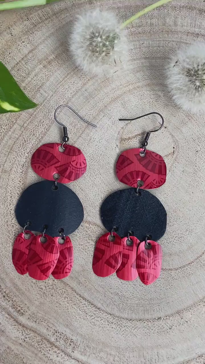 Red & Black Boho Statement Earrings | Upcycled Nespresso Pods and Bike Inner Tube | Handcrafted Eco-Friendly, Sustainable  Jewelry