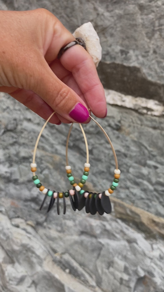 upcycled bicycle inner tube beaded earrings, jewelry by Laura zabo, sustainable fashion accessories 