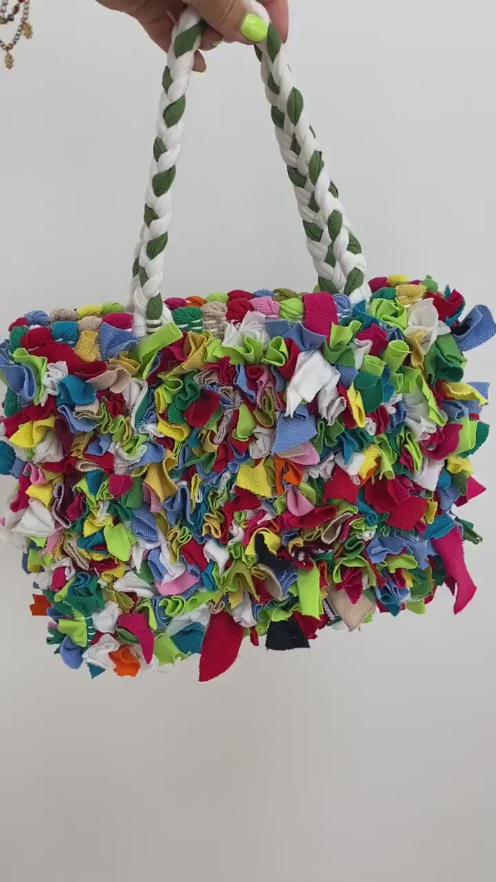 Handcrafted Shaggy Rainbow Bag: Upcycled Fabric, Eco-Friendly & Stylish for Teens