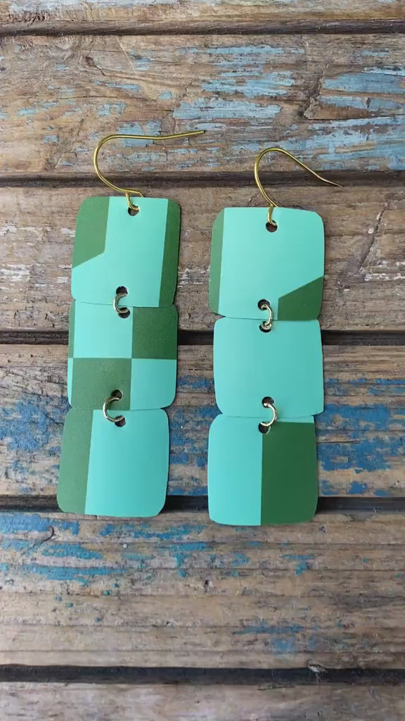 Geometric Upcycled Earrings | Light Green Squares | Made from Hungarian Beer Can | Eco Statement Jewelry, Recycled Jewelry, Sustainable Gift