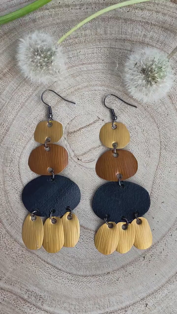 Gold & Black Boho Statement Earrings | Upcycled Nespresso Capsules and Bike Tyre Inner Tube | Handcrafted Eco-Friendly, Sustainable  Jewelry