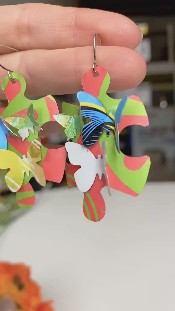 Sculptural Puzzle Earrings with Butterflies – Upcycled Beer Can Jewelry, Eco-Friendly Pop Art Design, Vegan Gift - USA TAXES PAID