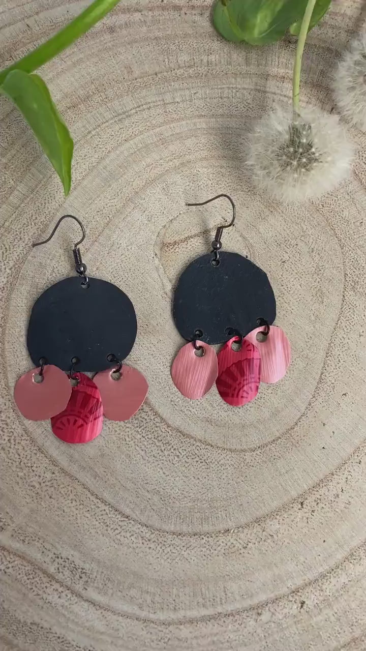 Peach, Red & Black Boho Statement Earrings | Upcycled Nespresso Pods and Bike Inner Tube | Handcrafted Eco-Friendly, Sustainable  Jewelry