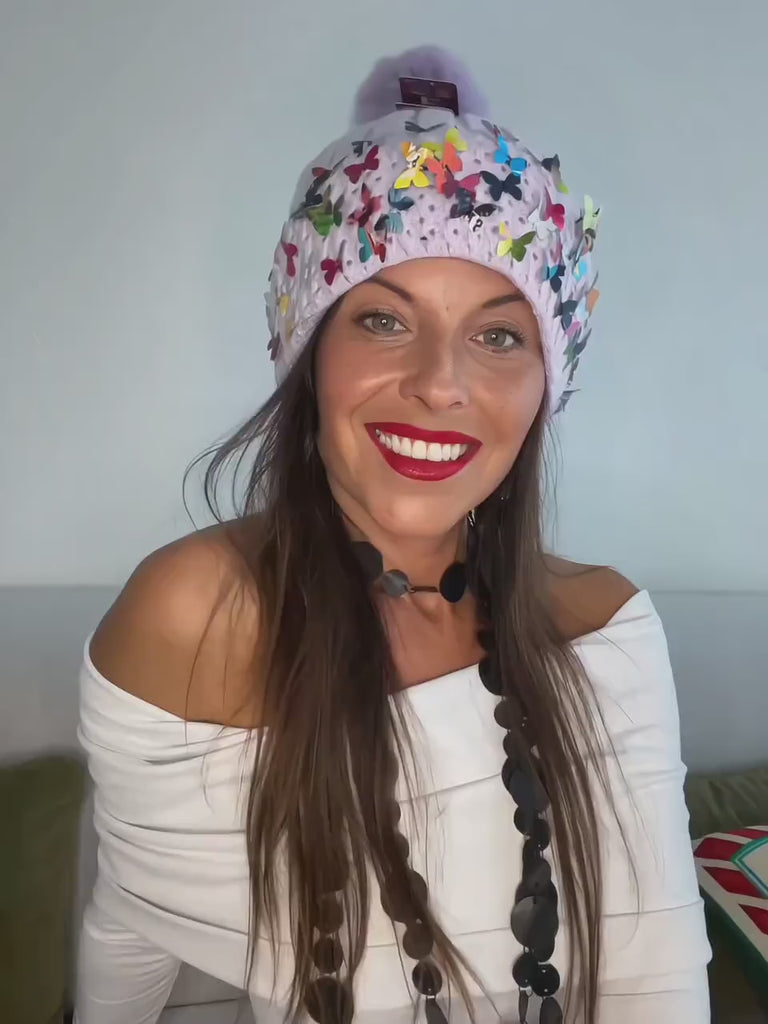 Light Purple Upcycled Beanie with Butterfly Can Art – One of a Kind, Sustainable, Warm Winter Hat - Available with Matchin Earrings