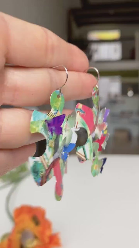 Sculptural Puzzle Earrings with Butterflies – Upcycled Beer Can Jewelry, Eco-Friendly Pop Art Design, Vegan Gift - USA TAXES PAID