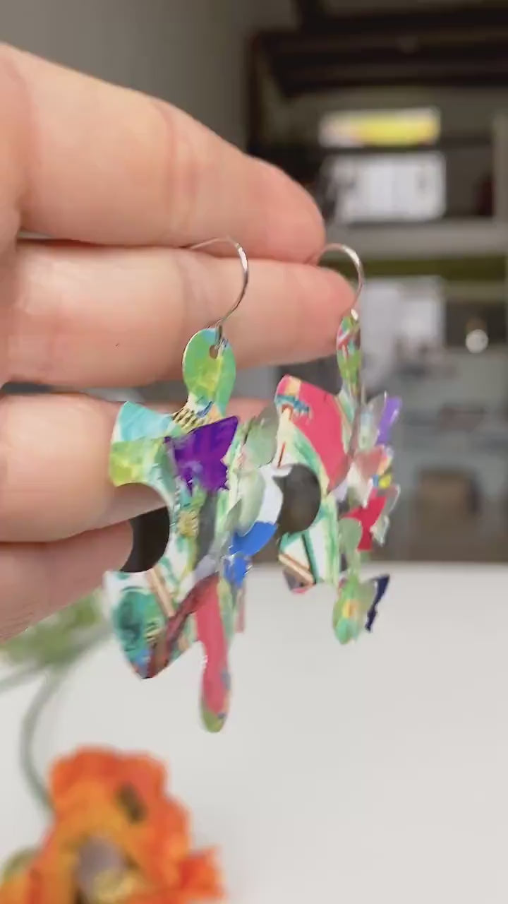 Sculptural Puzzle Earrings with Butterflies – Upcycled Beer Can Jewelry, Eco-Friendly Pop Art Design, Vegan Gift - USA TAXES PAID