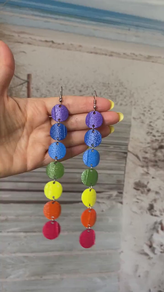 Colorful, Long Chakra Earrings - Upcycled Bicycle Inner Tube Jewelry - Vegan and Eco-Friendly Gifts