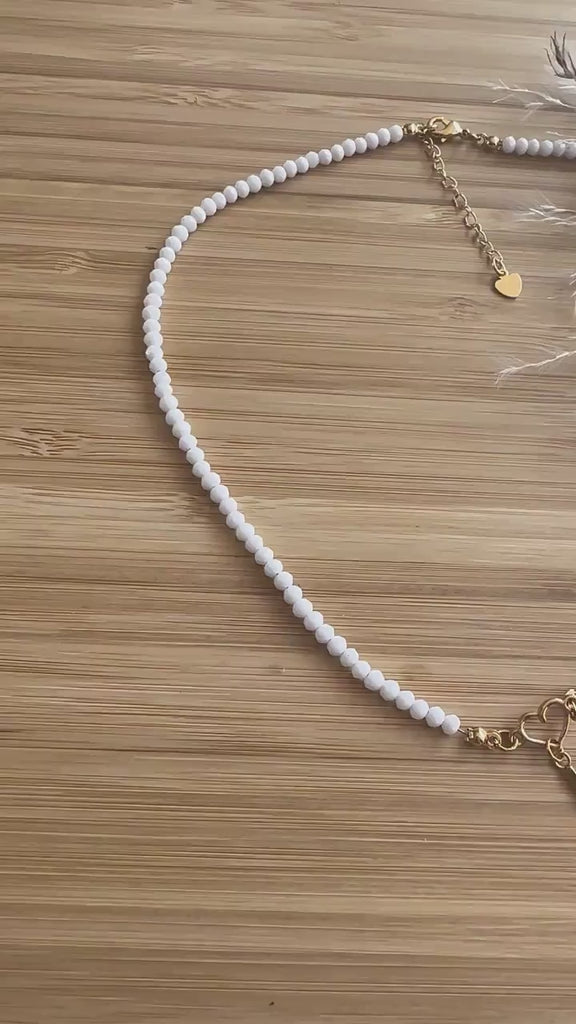Choker with White Glass Beads, Golden Heart & Bar Pendant