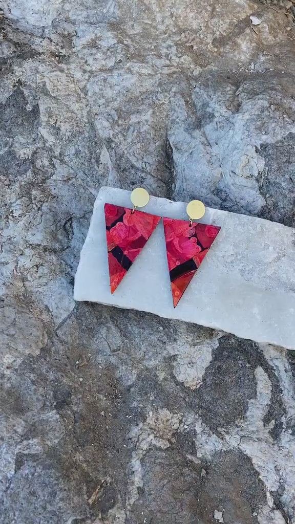 One Of a Kind Artistic Triangle Earrings, Red Earrings, Upcycled and Eco-friendly Jewelry Made from Bicycle Inner Tube Rubber