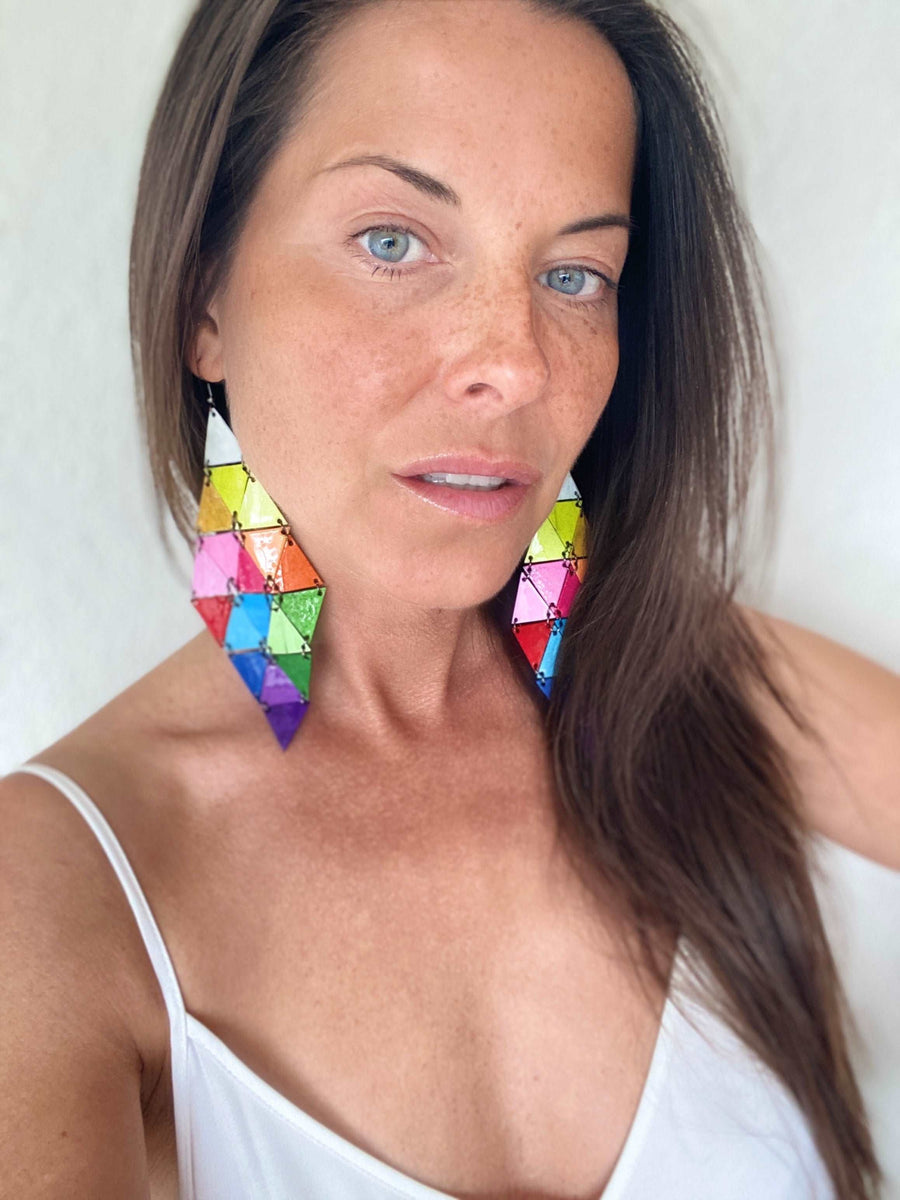 bold large rainbow themed diamond shaped earrings from recycled bike inner tube