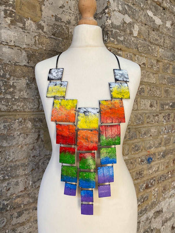 rainbow themed recycled statement necklace, vegan and eco-friendly jewellery