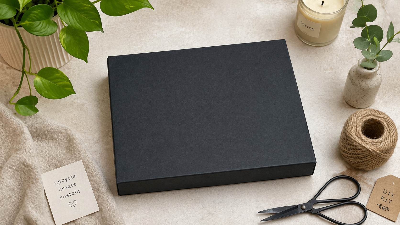 Black box on a light surface with plants, candles, and scissors