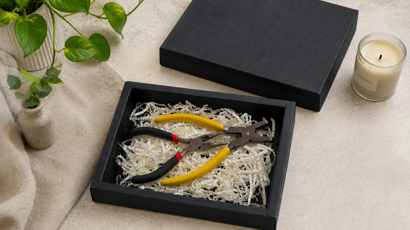 Black box with pliers on a beige surface with a candle and plant in the background