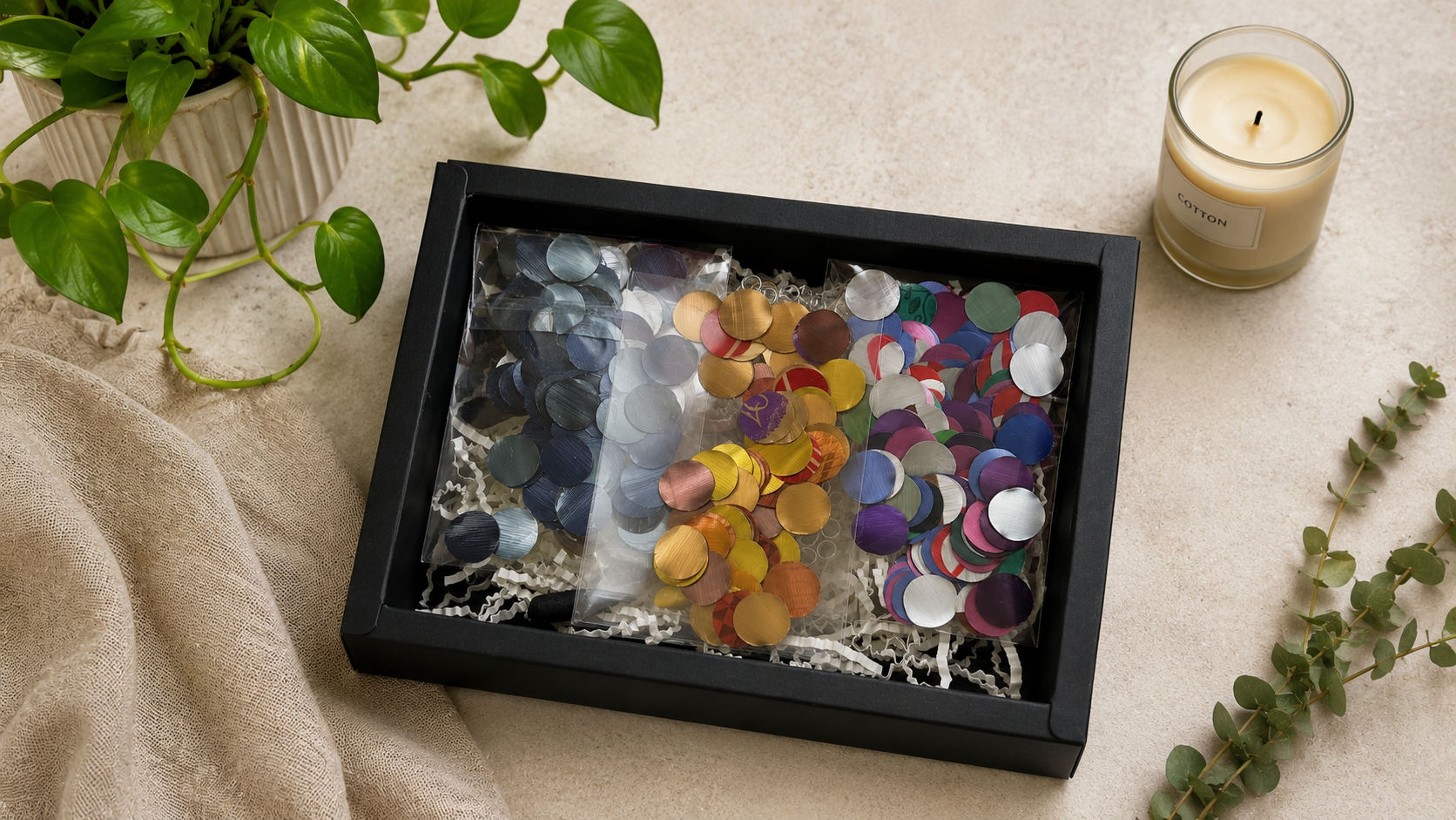 Upcycling DIY craft kit with colorful nespresso sequins on a beige surface with a candle and plant.