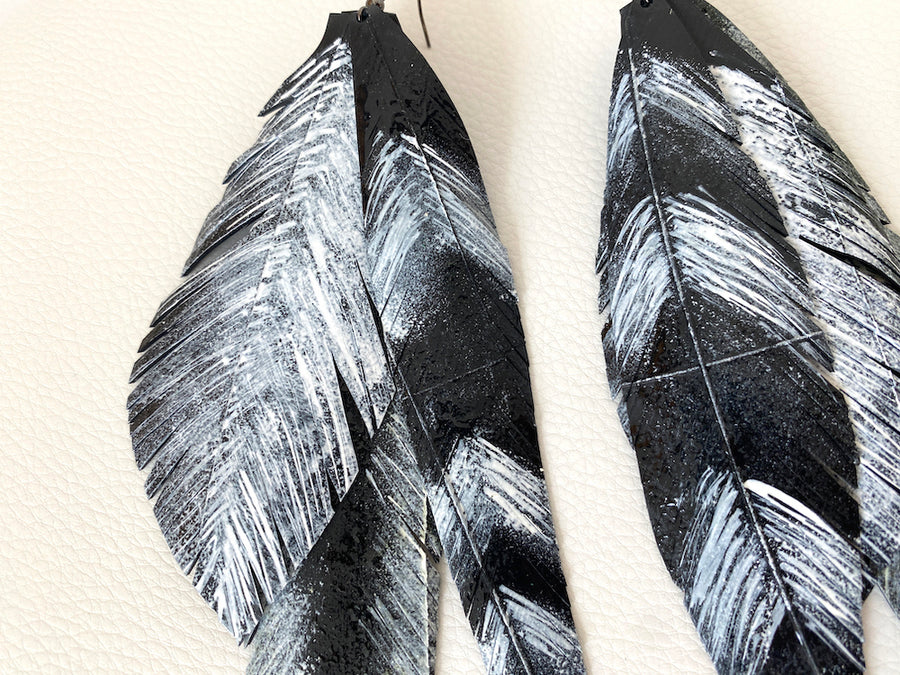 vegan pheasant feather upcycled bicycle inner tube tyre rubber earrings, faux fake feather jewellery, party and festival accessories by Laura zabo