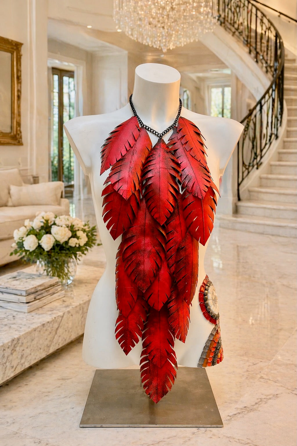 very large, red coloured, layered leaf shaped statement necklace made from upcycled bike tyre rubber on a white mannequin in a luxurious home environment